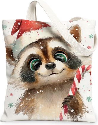 Generic Cute Raccoon Christmas Canvas Tote Bags, Vintage Animal Pattern Reusable Grocery Bags, Lightweight Washable Shoulder Strap, White, 13x15 Inch