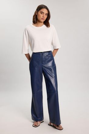 Karen Millen Womens Leather Straight Leg Trouser - Navy - Size 10 UK