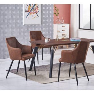 Life Interiors Juego De Comedor Cosmo Lux Zarah: Mesa De Comedor De Madera De Nogal Y Juego De 4 Sillas De Comedor De Cuero Marr&oacute;n - Comedor Cocina