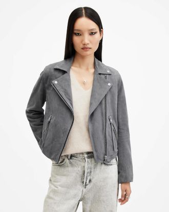 AllSaints Womens Goat Leather Dalby Slim Fit Suede Biker Jacket, Size: UK 16/US 12