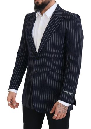 Dolce & Gabbana Mens Dark Blue Stripe Wool Single Breasted Blazer Navy Virgin Polyester Clothing