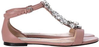 Jimmy Choo London Womens Leather Crystal Embellished T-Strap Flat Sandal, Size 35 (Authentic Pre-Loved)