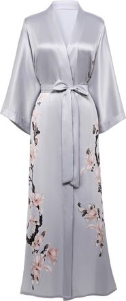 Babeyond Kimono Dressing Gown Floral Printed Kimono Robe Long Satin Kimono Dress Cover Up for Women Wedding Pyjamas Party 135cm/53inches (Grey)