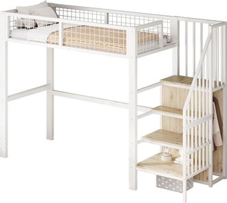 STILVORA Cama Alta 90&times;200 Cm, Cama Individual Con Escalera, Armario Y Almacenaje, Sin Colch&oacute;n, Metal, Blanco
