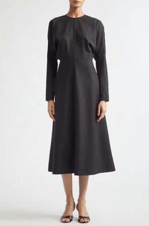 Victoria Beckham Dolman Long Sleeve Wool Twill Midi Dress in Dark Grey Melange at Nordstrom, Size 12