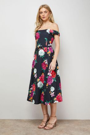 Oasis Womens Printed Bow Front Bardot Midi Dress - Floral - Size 14 UK