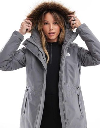 The North Face Womens Zaneck faux fur hooded insulated parka in grey - Size X-Small