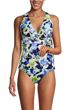 Lands End Plus Size V-Neck Plunge X Back Tankini Top in Deep Sea Navy Multi Floral at Nordstrom, Size 2X
