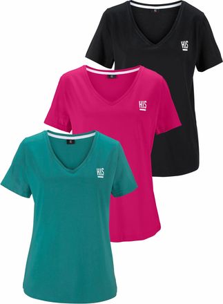 H.I.S T-Shirt H.I.S Essential-Basics, Damen, Gr. 40/42, bunt (schwarz, pink, t&uuml;rkis), Single Jersey, Obermaterial: 100% Baumwolle, unifarben, Basic, figurum