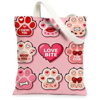 Generic ValentineS Paw Print Canvas Tote Bags, Cute Animal Heart Pattern Reusable Shopping Bags, Lightweight Washable Shoulder Str, Peach, 13x15 Inch