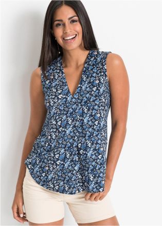 Bonprix Shirttop BONPRIX, Damen, Gr. 56/58 (XXXL), blau (blau gebl&uuml;mt), Obermaterial: 95% Viskose, 5% Elasthan, bequem, Tops Shirttop, mit V-Ausschnitt, mit e