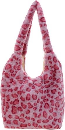 Supvox Plush Shoulder Bag for Women Casual Pink Leopard Print One-shoulder Handbag Autumn Winter Portable Fashion Pouch All-match Soft Tote