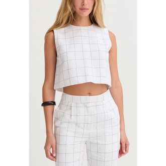 Crescent Windowpane Semi Cropped Linen Top in White at Nordstrom, Size X-Small
