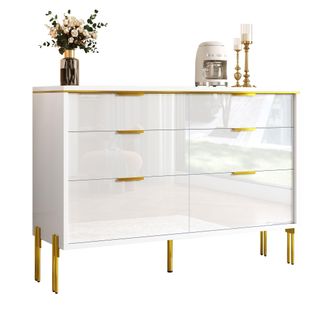 STILVORA Aparador Con 6 Cajones Y Tiradores Dorados, Frentes Brillantes, Estilo Moderno, En Tablero De Part&iacute;culas, Blanco, 120&times;40&times;85,5 Cm