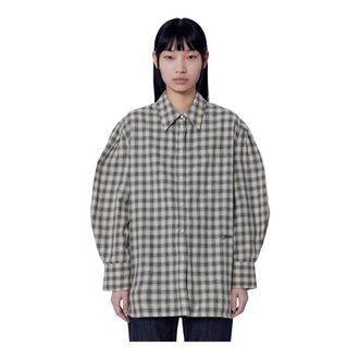 Ganni Camisa de Franela a Cuadros con Manga Plisada - Blouses & Shirts - Mujer - Beige - 2XS