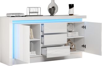 STILVORA Aparador Con 2 Puertas, 3 Cajones Y Estantes Ajustables, Led, En Tablero De Part&iacute;culas, 140&times;35&times;72 Cm, Blanco