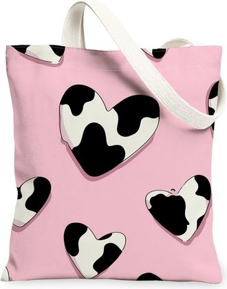 Generic Peach Heart Pattern Canvas Tote Bags, Cow Print Reusable Grocery Bags, Lightweight Washable Shoulder Strap for Shopping, Tr, Peach, 13x15 Inch