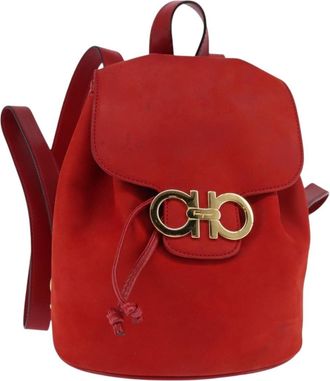 Ferragamo Gancini Flap Drawstring Backpack Leather Red Leather Backpack Bag (Pre-Owned)