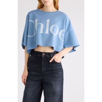 Chloé Oversize Signature Logo Crop Graphic T-Shirt in Airy Blue at Nordstrom, Size Medium