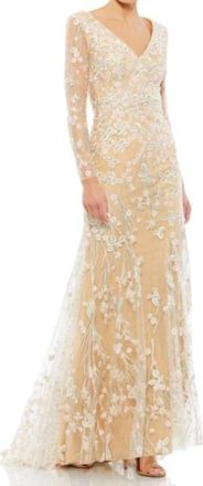 Mac Duggal Illusion Sleeves Floral Dress In Ivory/nude