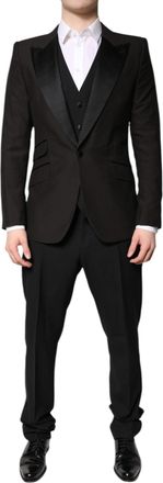 Dolce & Gabbana Mens Black Single Breasted Formal 3 Piece Suit Virgin Wool Silk Polyester