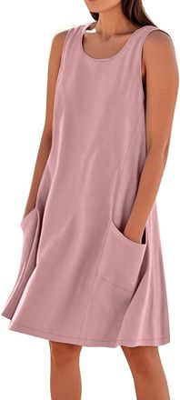 Generic Sleeveless Cotton Linen Dresses for Women UK Casual Summer Swing Short Sundress with Pockets Ladies Tank Vest Dress Plus Size My Orders Sale Clearance
