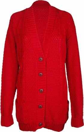 Purple Hanger New Womens Everyday Long Sleeve Button Top Ladies Chunky Aran Cable Knit Grandad Cardigan (UK, Numeric, 12, 14, Regular, Regular, Red)