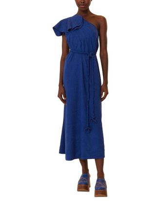 Farm Rio Linen-Blend Navy One Shoulder Leaf Maxi Dress