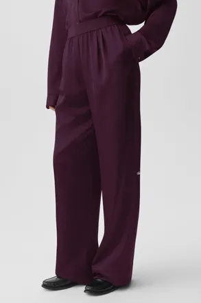 Alo | Satin High-Waist Smooth Talker Pants (Long) in Rich Bordeaux, Size: Medium