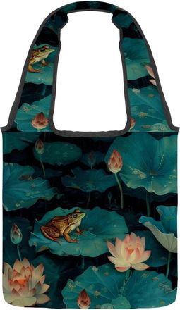 Generic Frog on Lotus Pond (4) Reversible Canvas Shoulder Tote - Double-Sided Print, 12oz Cotton, 27cm Drop, Fold-Flat Bag for Travel, Shopping, Street Outing