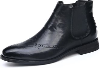 Generic Mens Pull on Chelsea Ankle Boots Pointed Toe PU Leather Vintage Brogue Shoes Flat Heel Formal Boots,Black,7.5 UK