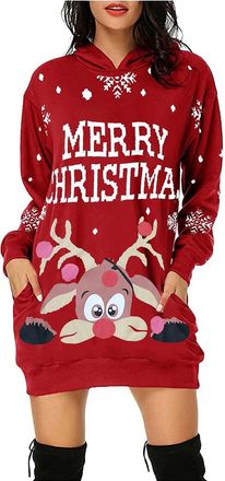 Generic Merry Christmas Womens Oversized Crew Neck Sweatshirt Dress - Long Sleeves, Wine Glass Graphic Print, Funny Cute Xmas Print, Casual Top Pullover Blous