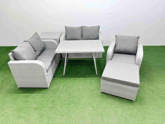 Fimous 6 Seater Outdoor Rattan Garden Furniture Love Sofa Reclining Chair Set in Light Grey