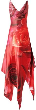 Roberto Cavalli Kleedjes, Dames, Rood, S, Zijden jurk met rozenprint en asymmetrische rok