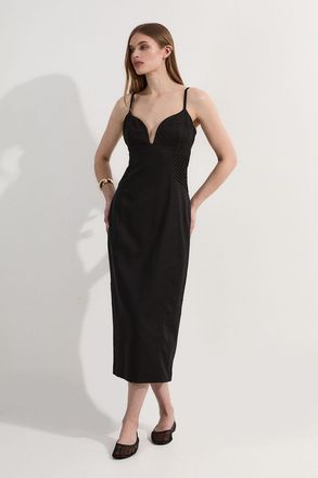 Karen Millen Womens Premium Linen Pintuck Detail Pencil Tailored Midi Dress - Black Lyocell - Size 14 UK