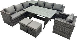 Fimous Fimous 9 Seater Outdoor Corner Sofa Chair Dining Table Set Garden Rattan Furniture Set with Side Table 2 Small Stools Dark Grey