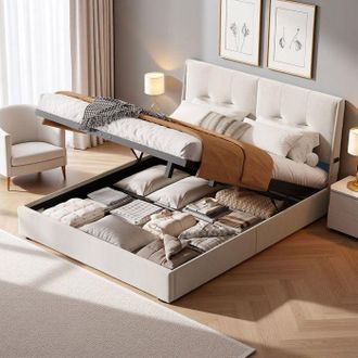 OEM Cama 140x200 Cm, Qlt, Led, Cama Para Adultos, Marco De Cama Doble 140x200 Cm, 300 Kg, Tela De Terciopelo, Beige
