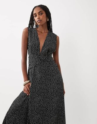 Vila Vestito lungo arricciato in vita con scollo a V profondo a pois bianchi e neri-Nero