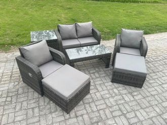 Fimous Outdoor Lounge Sofa Set Wicker PE Rattan Garden Furniture Set with Reclining Chair Coffee Table Side Table in Dark Grey