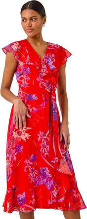 Roman Womens Floral Print Ruffle Wrap Front Midi Dress - Red - Size 10 UK