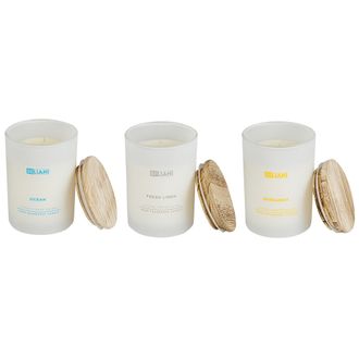 Beliani Conjunto De 3 Velas Arom&aacute;ticas 100% Cera De Soja Mecha De Algod&oacute;n Vidrio Blanco Fragancia Oc&eacute;ano/bergamota/ropa Limpia Vidrio Cl&aacute;sico Simplicity