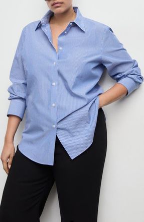 Mango Stripe Poplin Button-Up Shirt in Sky Blue at Nordstrom, Size 4