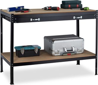 Relaxdays Relaxdays - Banco Trabajo Con Caj&oacute;n, 2 Niveles, Taller Y Garaje, Acero Y Mdf, Mesa Carpintero, 90,5 X 121 X 63,5 Cm, Negro