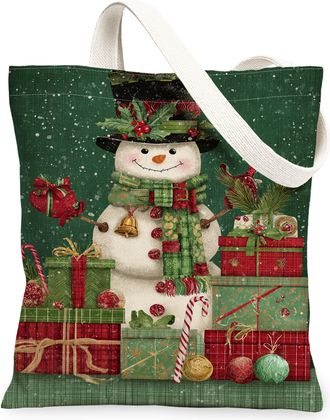 Generic Christmas Snow Man Canvas Tote Bags, Holiday Design Reusable Grocery Bags, Vintage Lightweight Washable Shoulder Strap Canvas for Travel 13x15 Inch