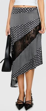 Princess Polly Midnight Memories Mixed Polka Dot & Lace Asymmetric Midi Skirt in Black Multi at Nordstrom, Size 4