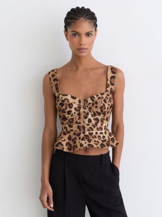 Reiss Neutral Cotton Leopard-print Bustier Top, 14