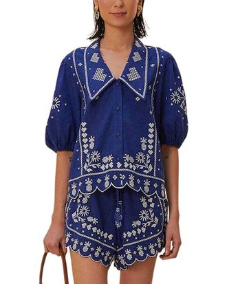 Farm Rio Linen-Blend Navy Blue Embroidered Short Sleeve Shirt