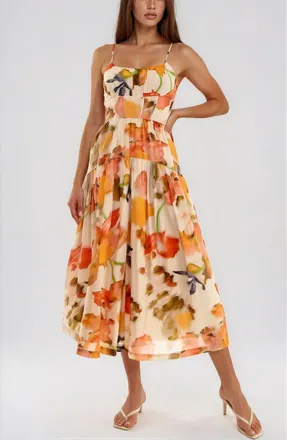 Socialite Floral Ruched Bodice Midi Dress in Cream/orange at Nordstrom, Size X-Large