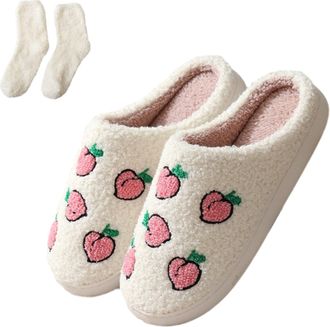 Generic Fruit Embroidery Plush Slippers Women Men, Winter House Slides, Cozy Fuzzy Fluffy Soft Shoes With Socks (Peach, M, Adult, Women, 9, Numeric Range, UK 