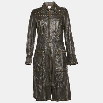 Moschino Cheap And Chic Vintage Brown Leather Studded Long Coat